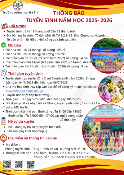TRƯỜNG MẦM NON HÀ TRÌ. Liên tục tuyển sinh -> Trẻ từ 18-72 tháng tuổi