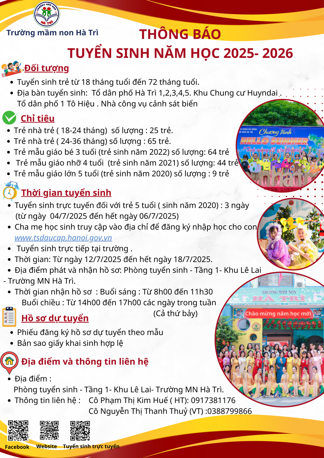 TRƯỜNG MẦM NON HÀ TRÌ. Liên tục tuyển sinh -> Trẻ từ 18-72 tháng tuổi